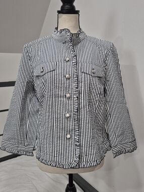 NWT Sandro Seersucker Collarless Ruffle Edge Lightweight Jacket Blazer